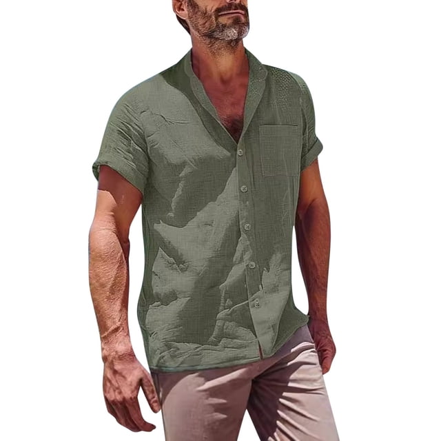 EOYWHK Men Linen Shirt Summer Beach Cardigan Lightweight Button Down Lapel Blouse with Pockets Flyer