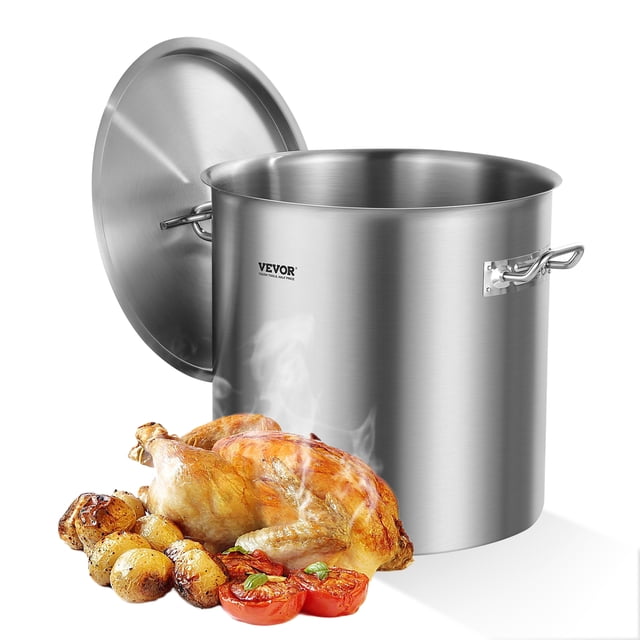 VEVOR 53QT stainless steel stockpot with a lid and side handles, featuring a polished finish and durable construction. This large-capacity cookware is ideal for steaming, frying, and stewing, with a 3 mm composite-layer bottom for even heat distribution. Shown with roasted chicken, potatoes, and tomatoes, emphasizing its use as a soup pot for commercial and home kitchens.