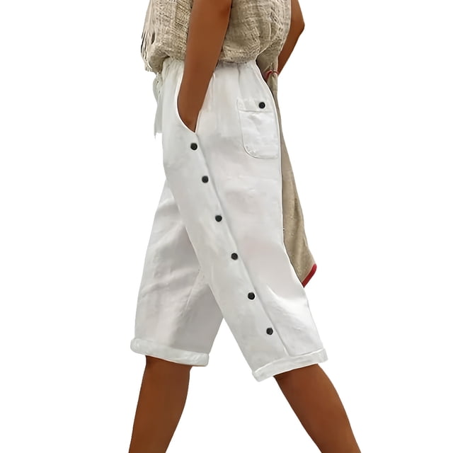 FAIWAD Capri Pants for Women Summer Casual Drawstring Elastic Waist Side Button Summer Shorts with Pockets