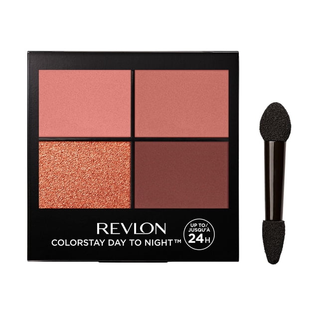 Revlon ColorStay Day to Night™ Long Lasting Matte and Shimmer Eyeshadow Quad with four pans showing two matte pink shades, one shimmer copper shade, and one matte deep brown shade, plus a dual-ended sponge applicator, designed for up to 24-hour wear and versatile eye looks.
