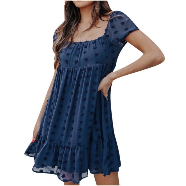 Birdeem Robe Mini Élégante à Manches Courtes en Chiffon pour Femmes avec Pompon, Col en U et Volants