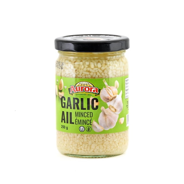 Aurora Minced Garlic 250g jar with black lid, filled with finely chopped garlic, featuring a green label with the Aurora logo and garlic bulb images, ideal for seasoning and enhancing flavour in pantry spices and single herbs.