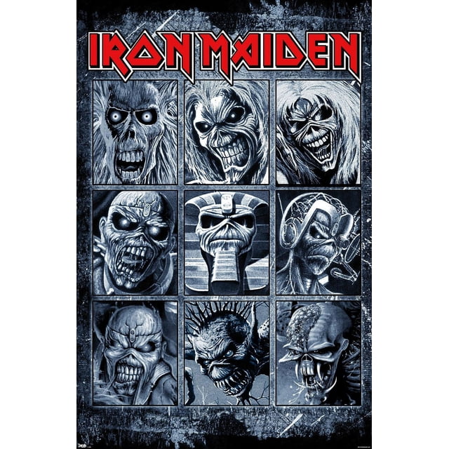 Iron Maiden - Grid Wall Poster, 22.375" x 34" featuring nine framed black and white illustrations of the band's mascot Eddie in various horror-themed styles arranged in a grid beneath the red Iron Maiden logo on a textured dark background, suitable for music fan wall decor.