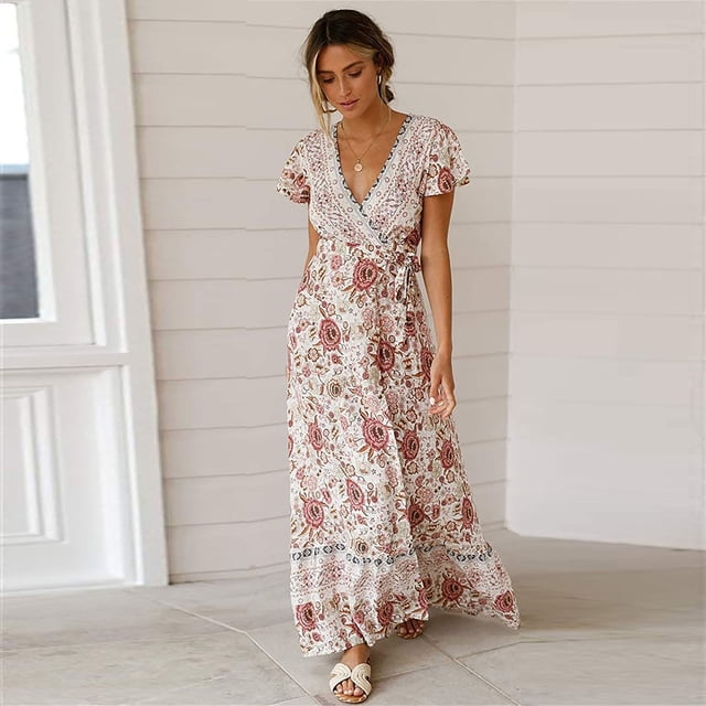 Robe d'Été pour Femmes 2024 Mode Grande Taille Robe à Col en V Plage Bohème Imprimé Floral Robe de Vacances Rabais de 50 % Liquidation!