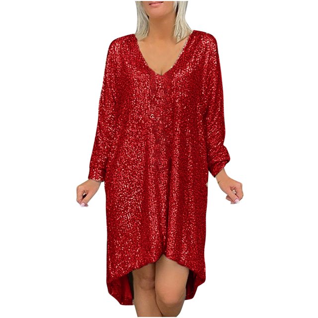 RKSTN Robes de Retour à la Maison pour Femmes Grande Taille Robe à Paillettes Col en V Manches Longues Longueur Genou Mode Automne Invité de Mariage Robe Cocktail