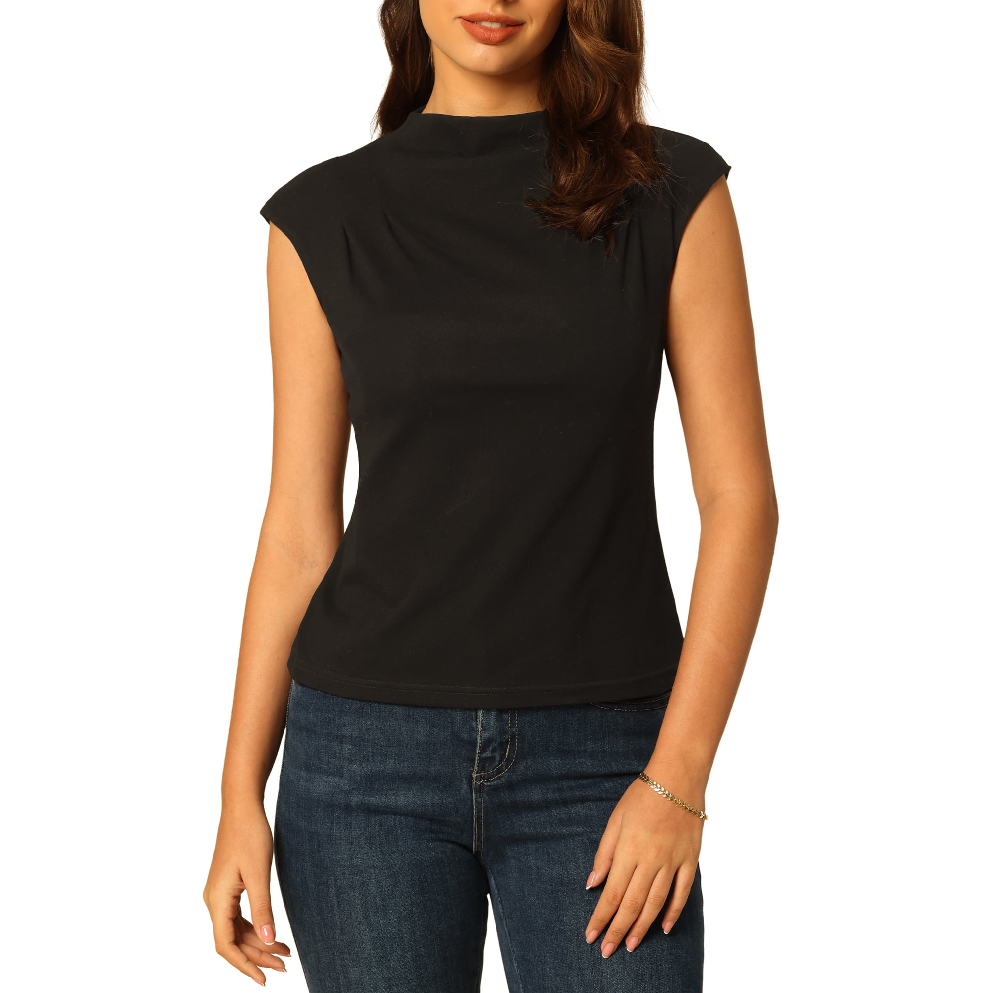 Inspire Chic Women's Mock Neck Blouse Basic Cap Sleeve Knitted Tops L Black
