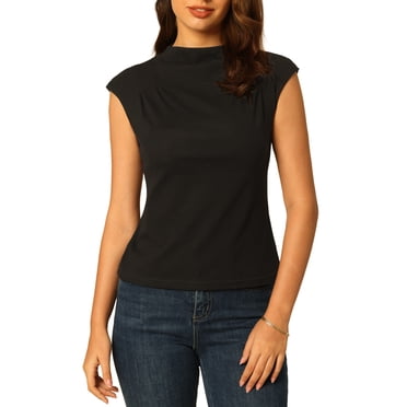 INSPIRE CHIC Blouse à Col Montant pour Femme, Basique, Manches Cap, Hauts Tricotés, TG, Noir