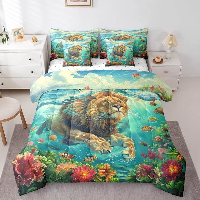 YST Safari Lion 7-Piece Bedding Set, Ocean Theme, Full, Colorful Floral