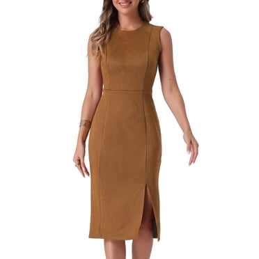 INSPIRE CHIC Women's Faux Suede Dress Sleeveless Crewneck Split Hem Sheath Work Dress M Brown
