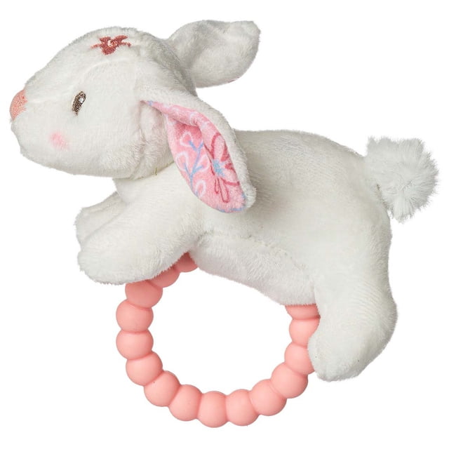 Mary Meyer Teether Rattle Bella Bunny 6-inch baby rattle featuring a soft white plush bunny with embroidered details, blush cheeks, and floppy ears lined with pink floral fabric. The bunny is attached to a pink beaded teething ring, perfect for soothing gums and playtime. Machine washable and ideal for infants.