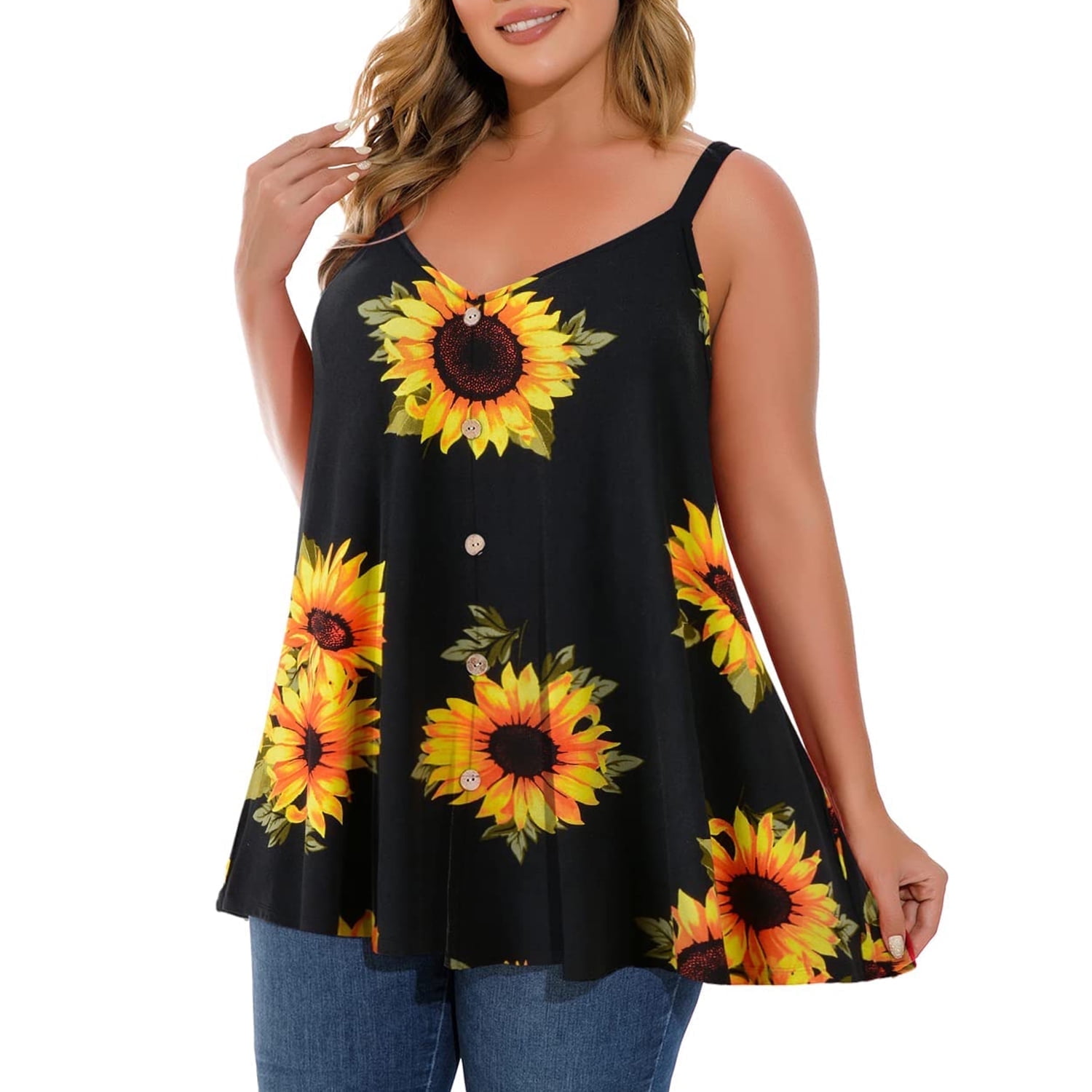 LARACE Tank Tops for Womens Plus Size V Neck T Shirts Sleeveless Blouses Tunic Buttons Summer Sunflower 4X