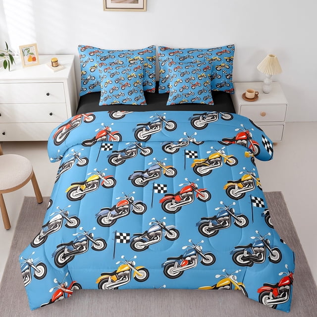 Erosebridal Cartoon Motorcycle Bedding Sets Full Size, Checkered Flag Comforter Sets with Sheets, Modern Sports Decor, Reversible