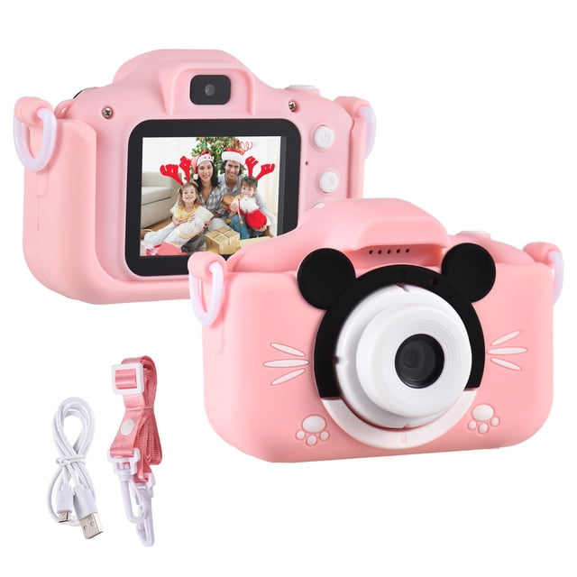 Mini Cartoon Kids Digital Camera in pink with a mouse-themed silicone cover, designed for children. Features include dual lenses, a 2.0-inch IPS screen, built-in photo frames, games, and a rechargeable battery. Accessories such as a USB cable and neck strap are included, making it ideal as a birthday or Christmas gift.