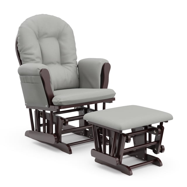 Storkcraft Hoop Glider and Ottoman GREENGUARD Gold certified solid-wood glider and matching ottoman, centered front view with padded seat and arm cushions showing side storage pockets, smooth-gliding enclosed bearing base and neutral colour finish; chair 29.9in W x 39.9in H, ottoman 19.7in W.