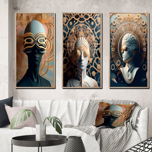 Designart "Futuristic Fashion Sci-Fi Woman Portrait II" Surrealism Framed Wall Art Set Of 3 - Blue Transitional Frame Canvas Set For Living Room Decor
