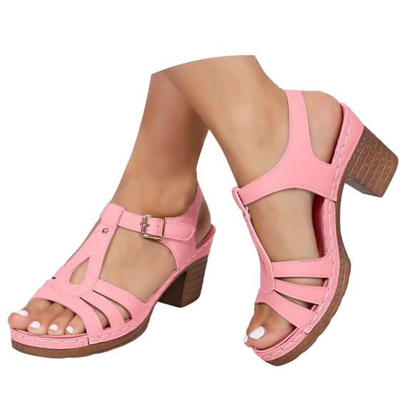 Womens Open Toe Dress Sandals Casual Non Slip Fashion Chunky Platform Block Mid Heel Sandal with Ankle Strap Pink Size 8