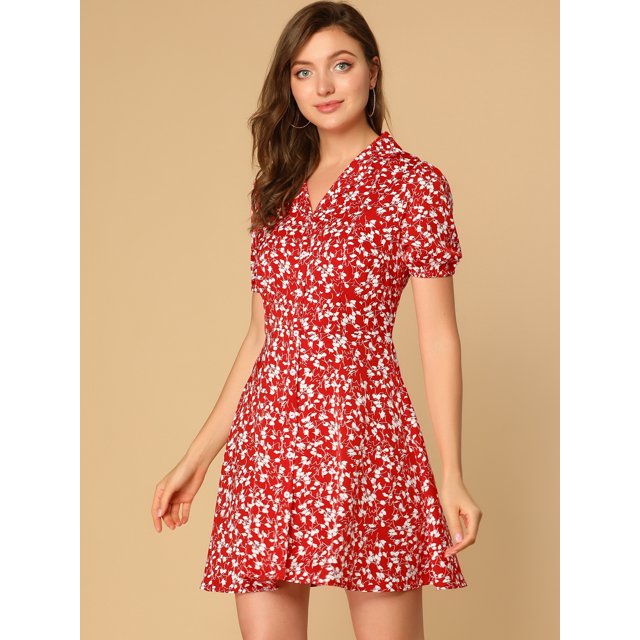 INSPIRE CHIC Robe Trapèze Vintage à Fleurs pour Femme à Manches Courtes, Col de Camp, Boutonnée