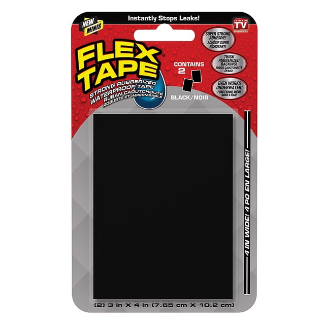 Flex Tape Mini, Noir, Ruban Imperméable super Résistant Mesurant 3 Pouces par 4 Pouces, Affiché dans Son Emballage. l'Emballage Contient Deux Pièces Adhésives Caoutchoutées Noires Idéales pour les Réparations d'Urgence, Y Compris la Plomberie, le Scellant de Toit et les Réparations de Piscine. l'Emballage Met l'Accent sur Sa Capacité à Étancher l'Air et l'Eau, à Travailler sous l'Eau et à Adhérer à des surfaces comme le PVC, le Métal, le Bois et le Tissu.