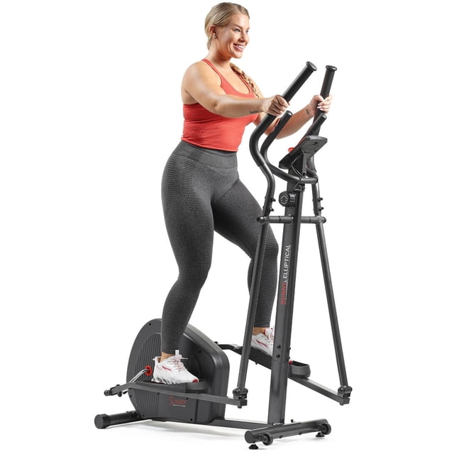 Sunny Health & Fitness Endurance Series Smart Elliptical Machine – SF-E321003 with a woman exercising on the compact black elliptical featuring dual handlebars, foot pedals, and a digital monitor, designed for full body home workouts and Bluetooth connection to the SunnyFit® APP for real-time tracking.