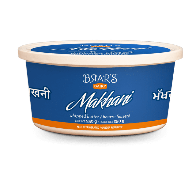 BRAR'S MAKHANI Beurre Fouetté 250 g Contenant avec Étiquette Bleue et Couvercle beige, un Produit Laitier Conçu pour le Rangement Réfrigéré, avec Texte Bilingue Anglais et Français, Convient pour Tartiner Ou Cuisiner.