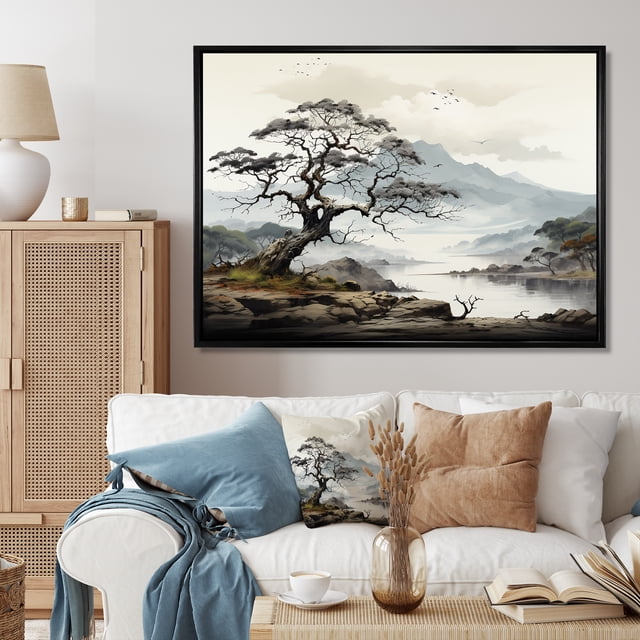 Designart Large Tree black framed wall art, Grey Minimalism Tree Ink euphony , Trees framed wall art decor, Grey Traditional black framed wall art, 20x12 inches black frame