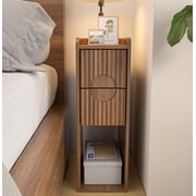 Fluted Nightstand with 2 Drawers, Slim Wooden Bedside Table, Mid Century Modern End Table for Bedroom, Walnut