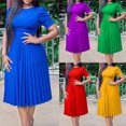 thumbnail image 1 of Jovati Robe à Manches Courtes à Col Rond pour Femmes, Couleur Unie, Détail de Taille Froissée, Longueur Cheville, Mélange Polyester-Spandex, Tenue Décontractée d'Été, 1 of 7
