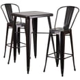 thumbnail image 1 of 23.75'' Square Black-Antique Gold Metal Indoor-Outdoor Bar Table Set with 2 Stools with Backs, 1 of 5