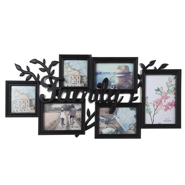 Black Collage Frame - Family (Asstd 6 Opening) featuring six assorted black plastic photo openings arranged with a branched design and the word FAMILY in the center, measuring 25.2 by 11 by 1 inches, suitable for indoor family photo display and gifting.