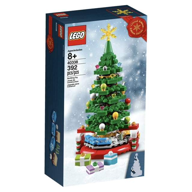 Lego 40338 Christmas Tree Limited Edition New with Box, a building play set featuring a festive green tree with colorful ornaments and a golden star topper. Includes 392 pieces suitable for ages 8 and up, with a height of approximately 8.66 inches. The set comes with a red base, miniature presents, and detailed construction elements, packaged in a snow-themed box.