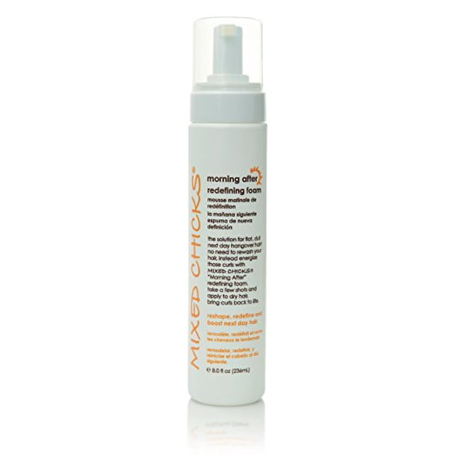 Mixed Chicks Morning After Redefining Hair Foam, 8 fl. oz., in a white cylindrical bottle with orange branding and text. Ideal for reshaping, redefining, and boosting next-day hair without rewashing. Compact size makes it suitable for travel and personal care kits.
