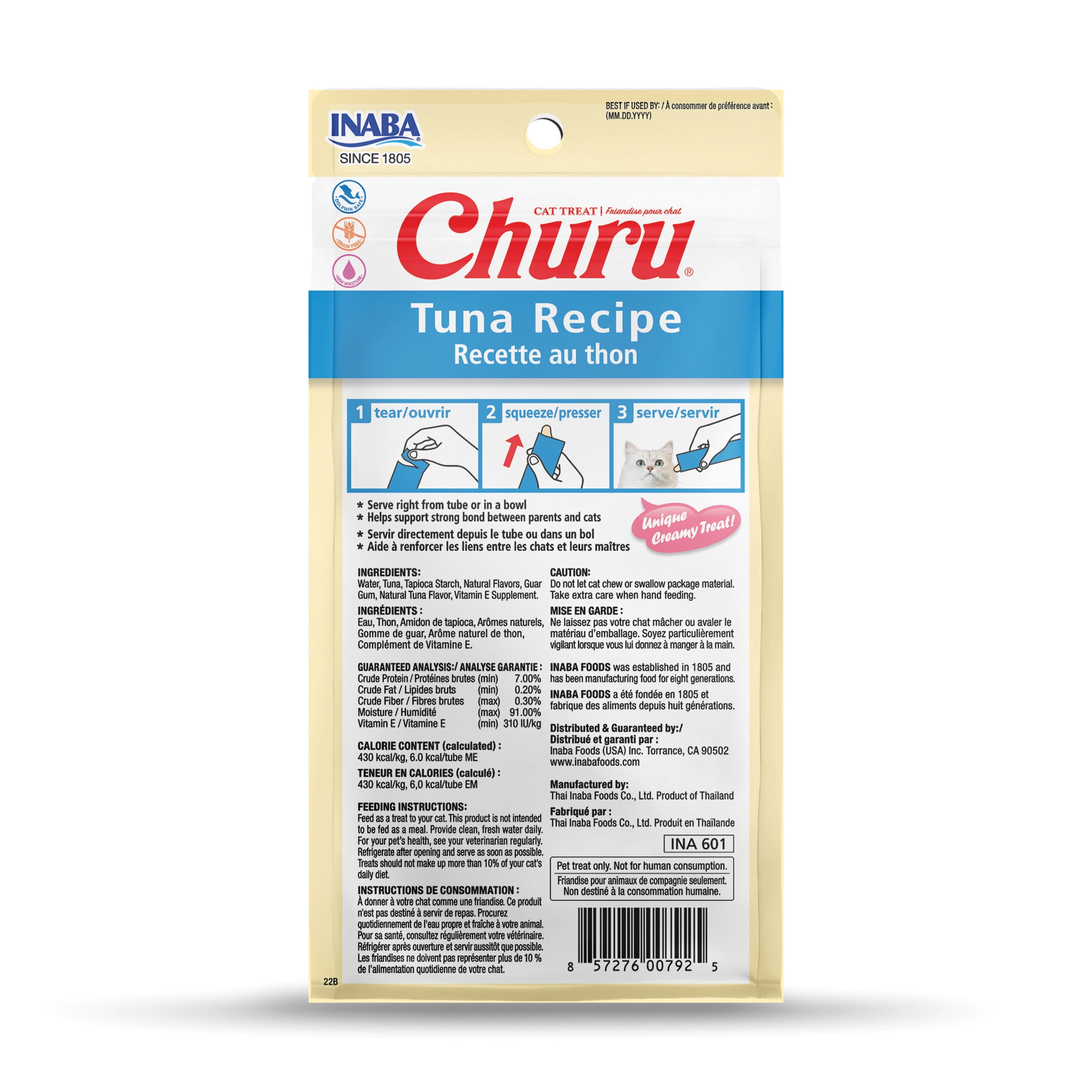 INABA Churu Gâteries pour Chats, Purée Crémeuse à Lécher Sans Grains avec Vitamine E - Recette au Thon, 4 tubes