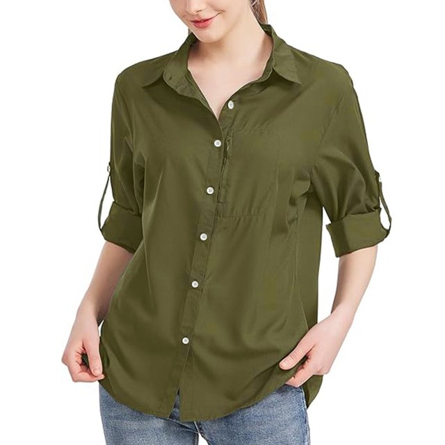 RXIRUCGD Blouse Chemise Décontractée pour Femme à Manches Longues, Col Rabattu, Couleur Unie, Hauts, Cardigan à Simple Boutonnage, Blouse avec Poches, Vert Armée, Taille : M