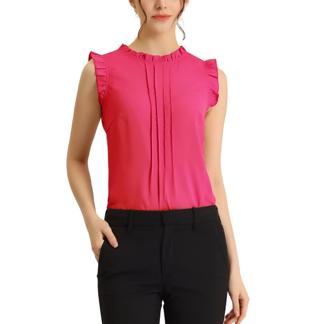 INSPIRE CHIC Women's Sleeveless Blouse Ruffled Pleated Wear-to-Work Chic Blouse S Hot Pink