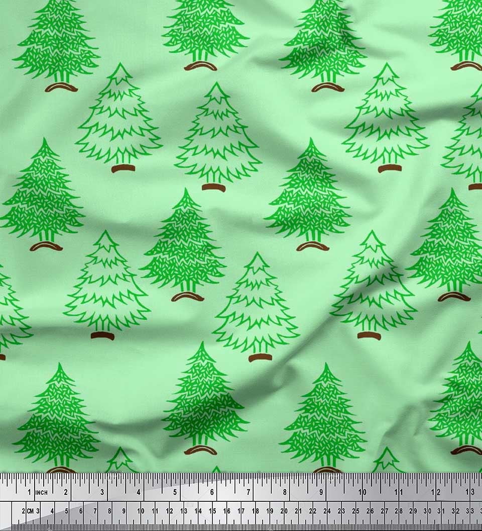 Soimoi Rayon Crepe Fabric Christmas Tree Block Decor Fabric Printed Yard 46 Inch Wide