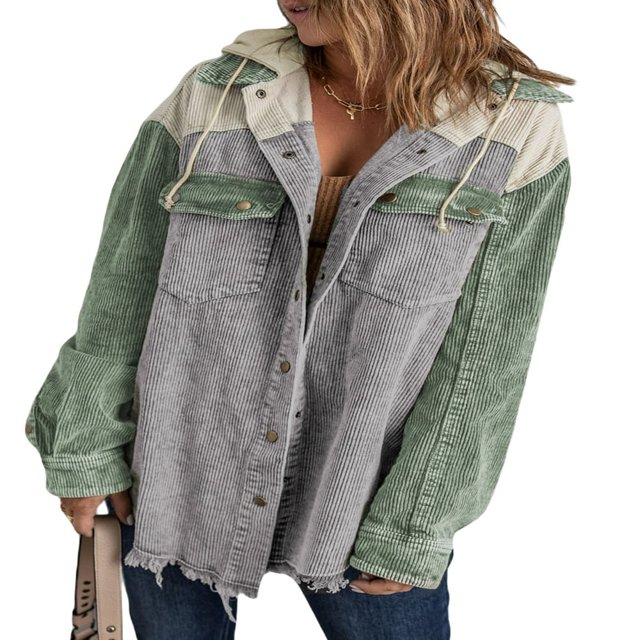 Womens Corduroy Shacket Jacket Long Sleeve Button Down Color Block Hooded Coat with Pockets