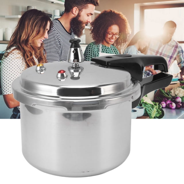 3L stainless steel pressure cooker made of durable aluminum alloy, designed for gas stoves. Features include a pot cover, handle accessories, and screw components. Ideal for pressure cooking beans, meats, vegetables, and soups. Easy to clean and practical for home use. Displayed in a kitchen setting with fresh produce visible.