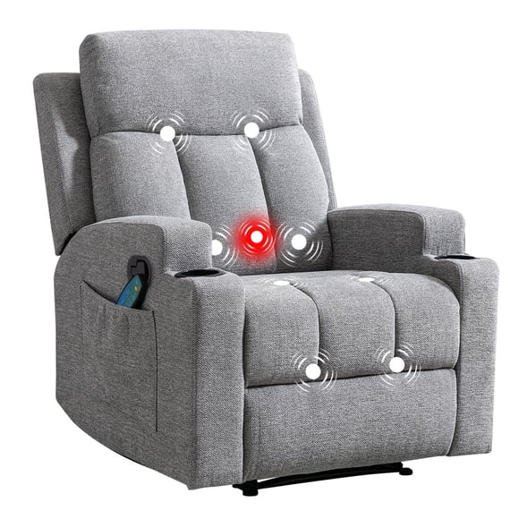 Bonzy Home Recliner Chair with Massage and Heat, Manual Fabric Reclining Chair with Cup Holders & Side Pockets for Living Room, Bedroom, Light Grey