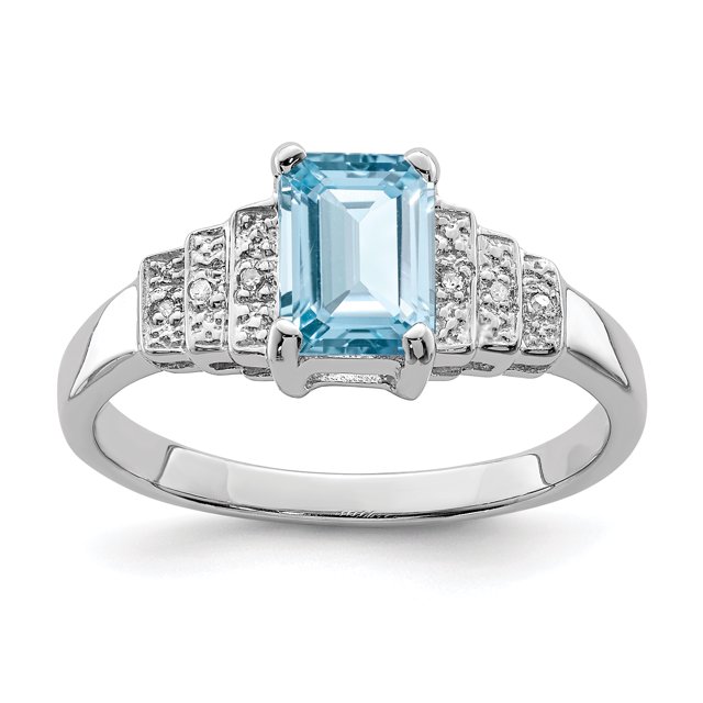 925 Sterling Silver Rhodium Plated Diamond and Light Swiss Blue Topaz Ring