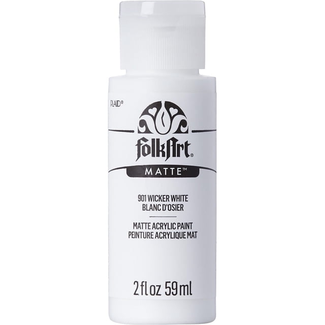 Folkart Matte Acrylic Craft Paint 2 fl. oz. bottle in Wicker White with a matte finish, artist-quality acrylic paint in a white plastic container with flip-top cap, suitable for basecoating, stenciling, and decorative crafts on wood, canvas, and paper.