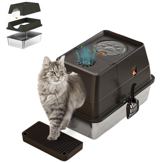 Stainless Steel Litter Box, XL Extra Large Litter Box for Big Cats, Metal Litter Pan High Sided, Top Exit Design, Non Stick, No Smell, Easy Cleaning, Trapping Mat & Scoop Included