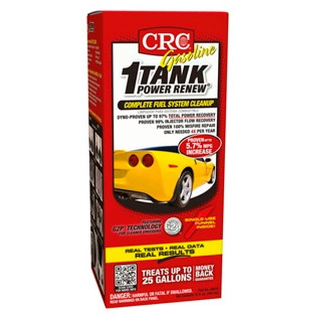 CRC Industries Fuel System Cleaner 05815 1-Tank Power Renew in a 15-ounce bottle, designed for cleaning fuel injectors, emission systems, intake valves, and combustion chambers in gasoline engines. The packaging highlights its ability to treat up to 25 gallons of fuel, with claims of 97% total power recovery and 99% injector flow recovery. The box features a yellow sports car graphic and bold branding.