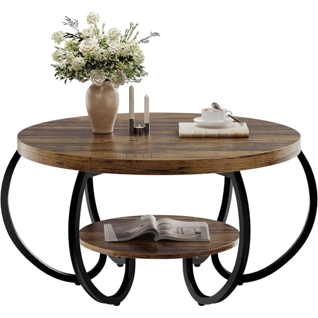 Round Coffee Table, 2 Tier Coffee Table for Living Room, Circle Wood Accent Center Tables with Open Storage Industrial Design