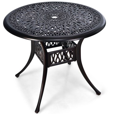 Patiojoy Table à Manger d'Extérieur Rond de 36 Pouces en Aluminium Coulé pour Patio avec Trou pour Parasol et Patins de Pieds Antidérapants Ajustables
