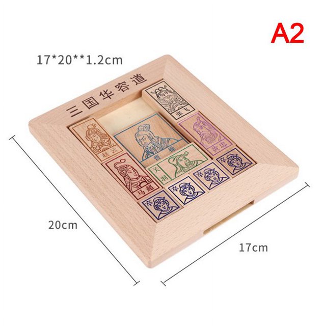 PENGXAING 1PC Chinese Puzzle Sliding Piece Puzzle Path Three Kingdoms Toy made of beech wood. The slide puzzle features a wooden frame with engraved character illustrations from the Three Kingdoms, including Cao Cao's largest square piece. The objective is to move Cao Cao's piece to the bottom middle exit within the specified box. The puzzle measures 17x20x1.2 cm and is suitable for ages 3 and up. Warning: Contains small parts that may pose a choking hazard.
