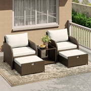 Patio Furniture Set 5 Piece - PE Rattan Wicker Outdoor Lounge with Hidden Ottomans, Beige Cushions & Glass Table for Balcony Backyard Porch
