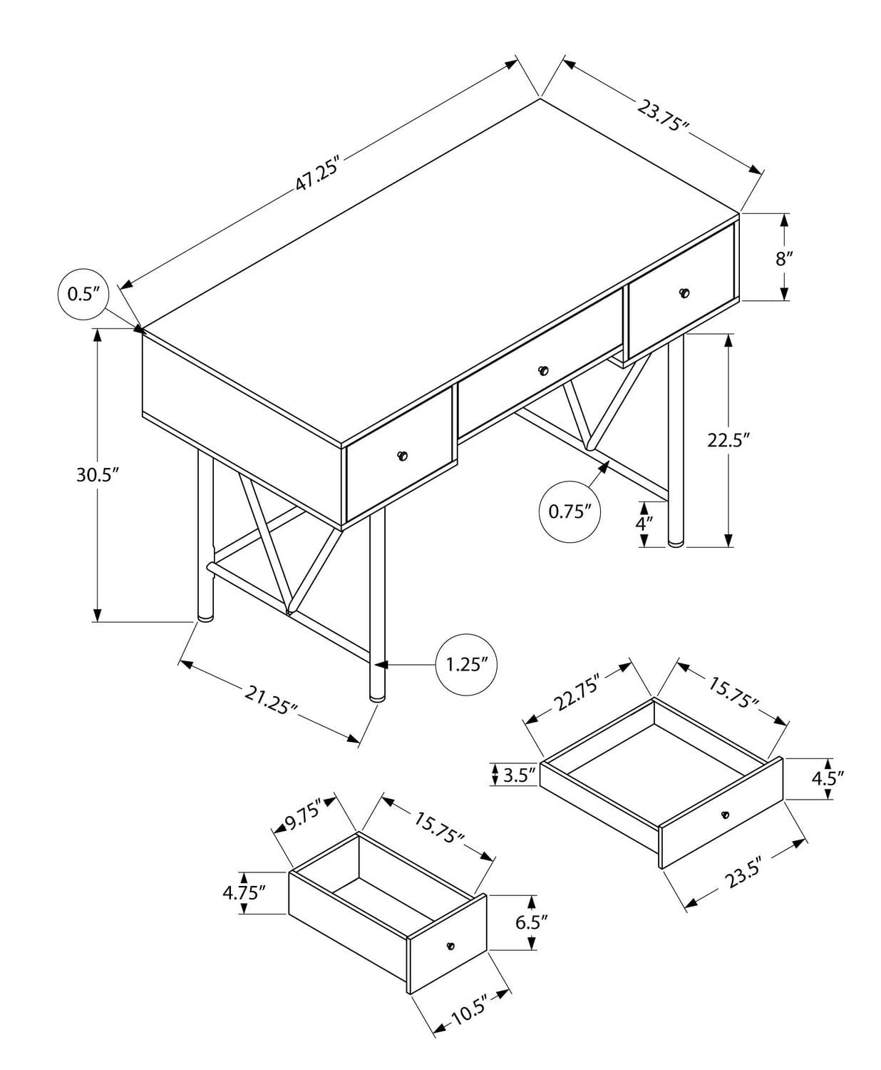 Monarch Specialties Bureau, Bureau À Domicile, Ordinateur Portable, Tiroirs De Rangement, 48"l, Travail, Métal, Stratifié, Noyer, Noir, Transitionnel