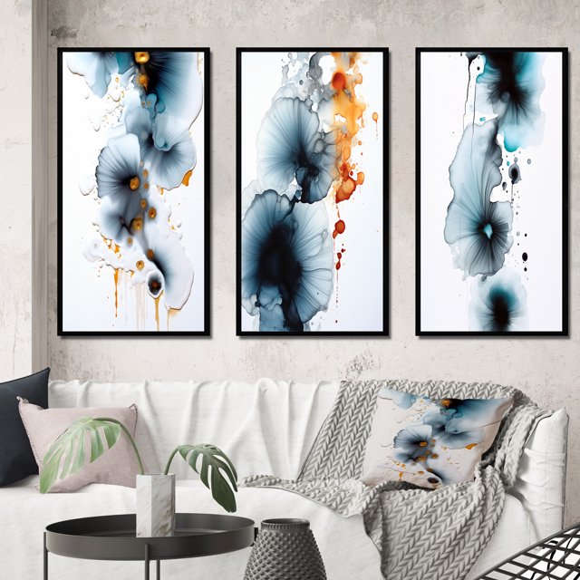 Designart "Heartbeat Rhapsody Turquoise and Gold Ink Cloud III" Abstract Painting Framed Wall Art Set Of 3 - Turquoise Modern Frame Canvas Set For Living Room Decor