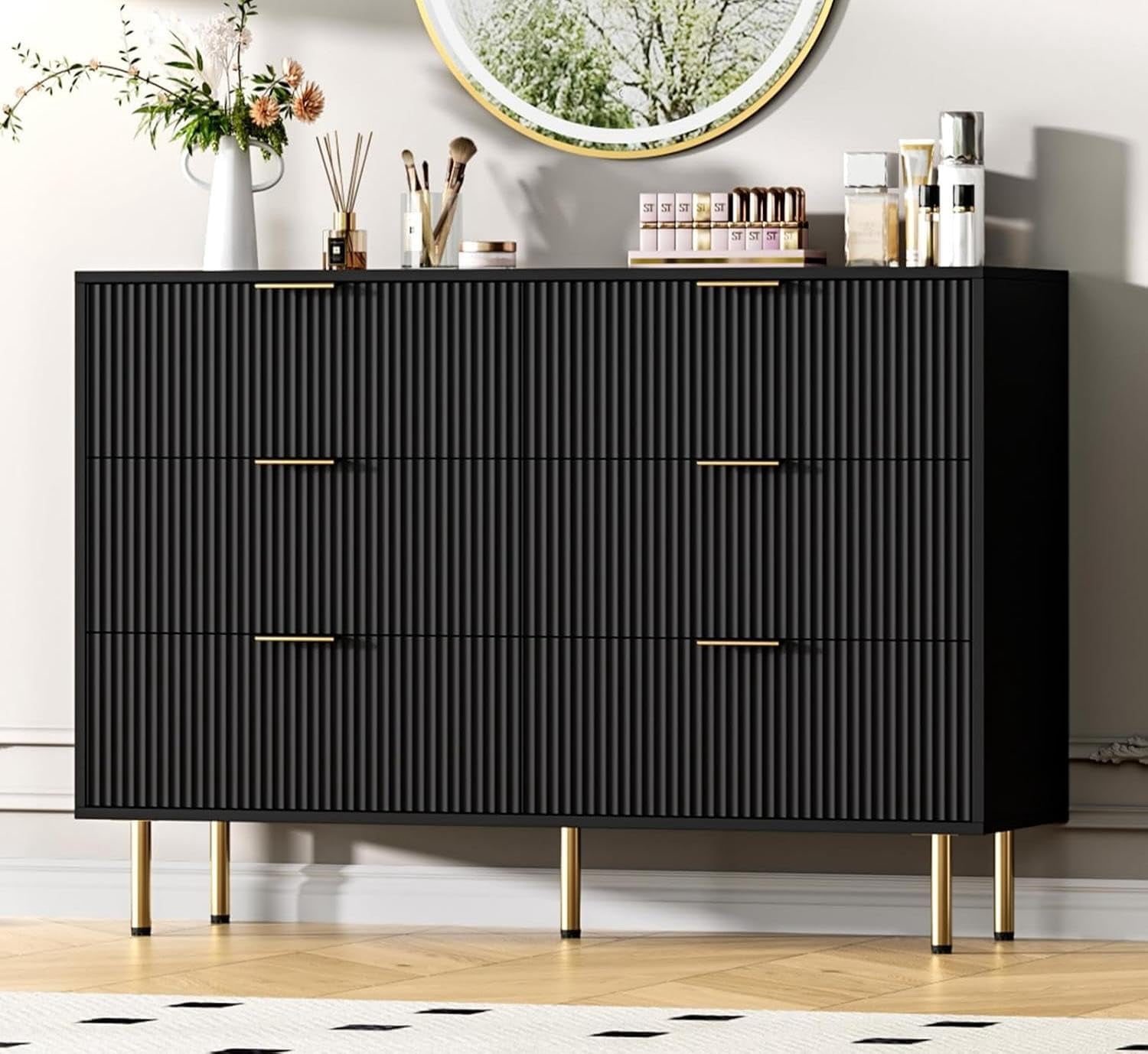 6 Drawer Dresser for Bedroom Chest of Drawers, 47" Wide Fluted Dresser with Drawers, Modern Wooden Double Dressers with Metal Handles for Living Room, Hallway