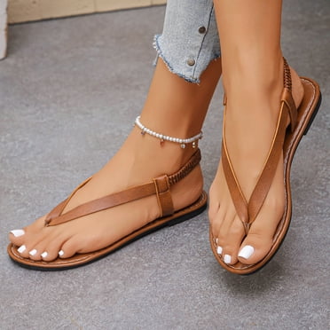 Fankiway Sandales Plates à entre-Doigts pour Femmes Tongs Chaussures de Plage Grande Taille Printemps Été Tendance Confortables à la Mode Décontractées Brun 9.5